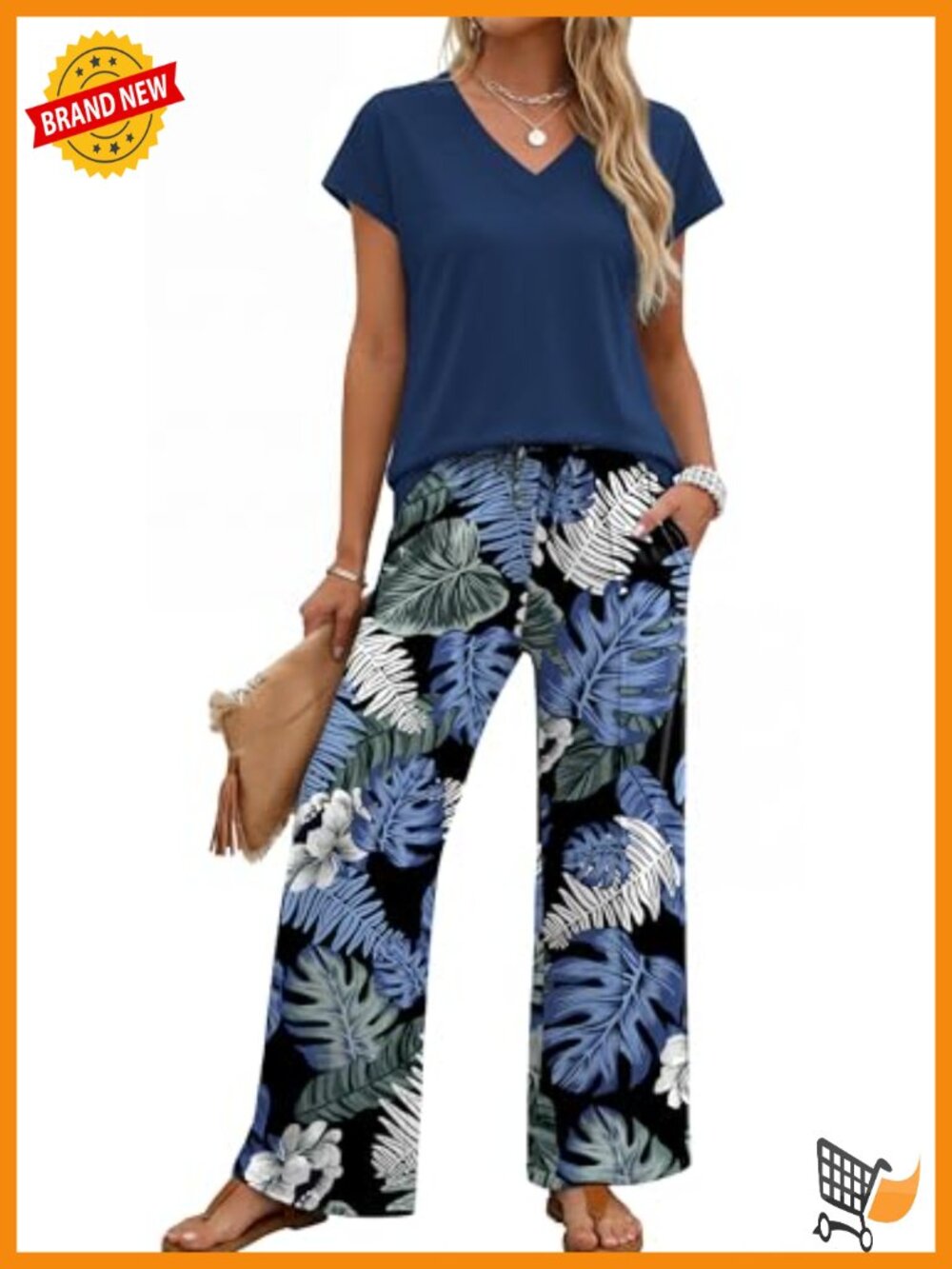 Women's 2 Piece Wide Leg Pant Set V Neck Cap Sleeve Top Beach Vacation Outfit